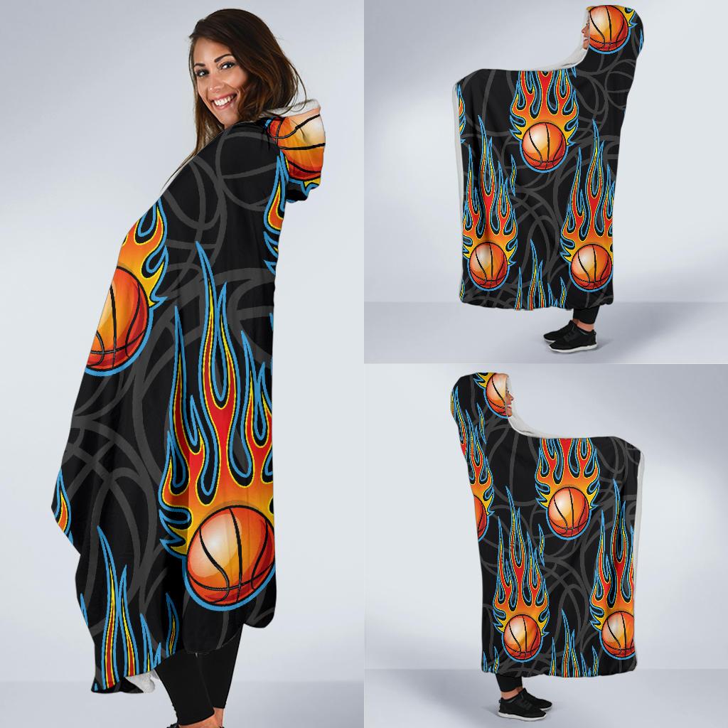 Basketball Fire Print Pattern Hooded Blanket-JTAMIGO.COM