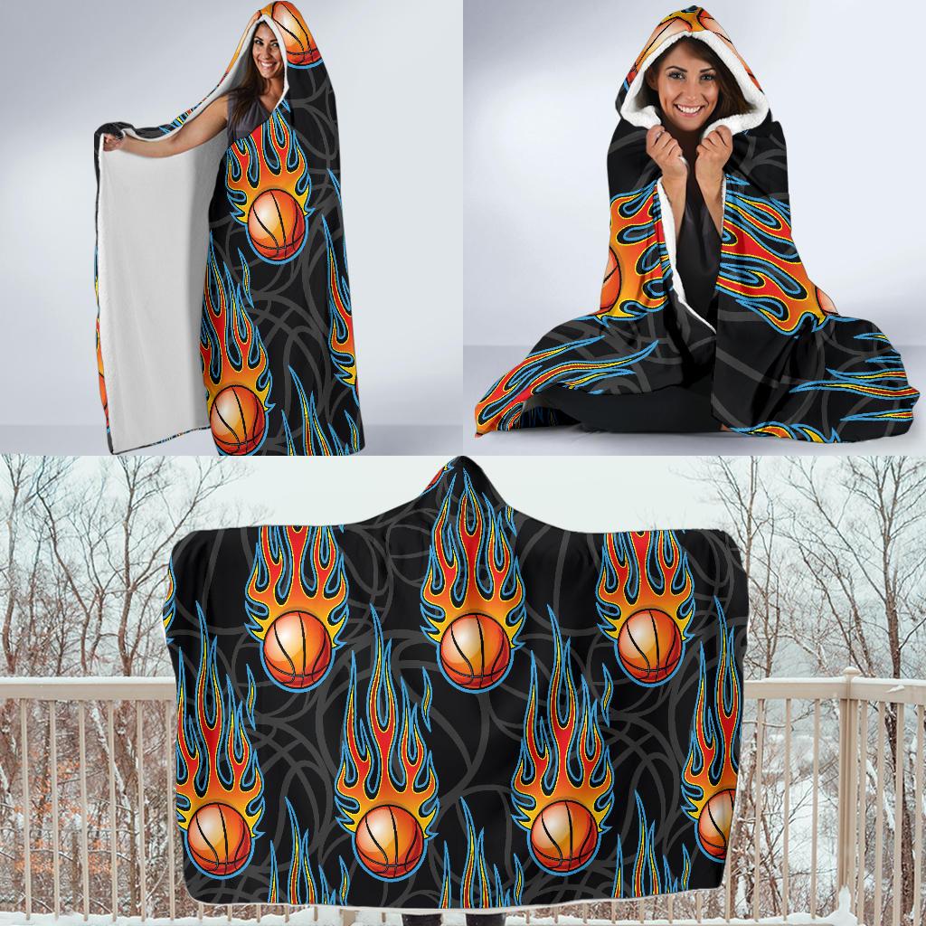 Basketball Fire Print Pattern Hooded Blanket-JTAMIGO.COM