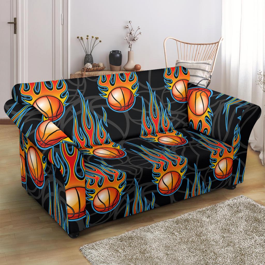 Basketball Fire Print Pattern Loveseat Slipcover-JTAMIGO.COM
