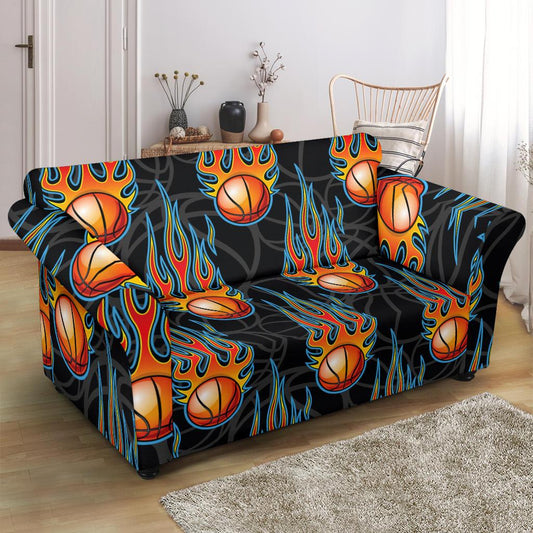 Basketball Fire Print Pattern Loveseat Slipcover-JTAMIGO.COM