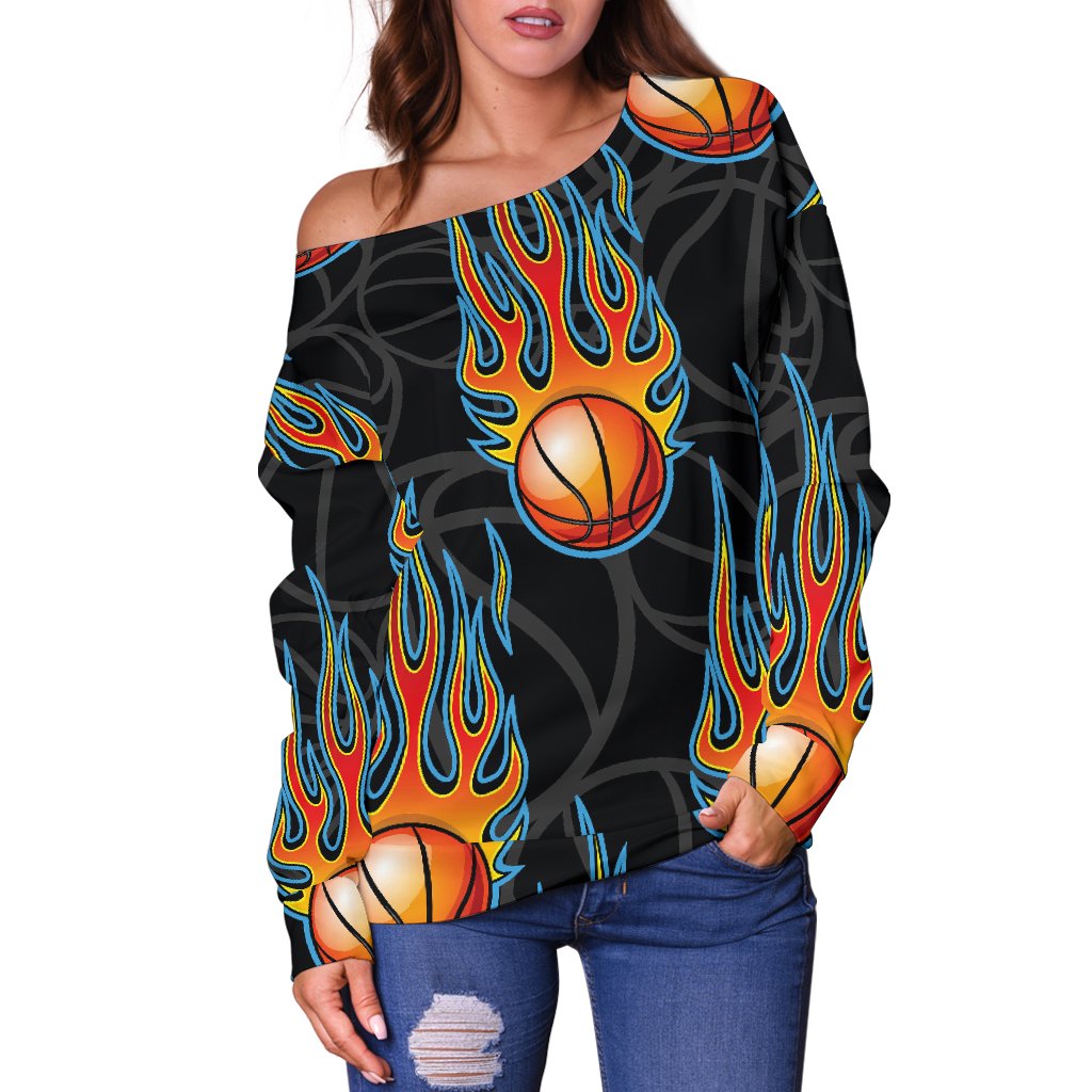 Basketball Fire Print Pattern Off Shoulder Sweatshirt