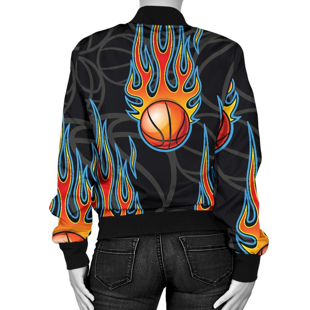 Basketball Fire Print Pattern Women Casual Bomber Jacket