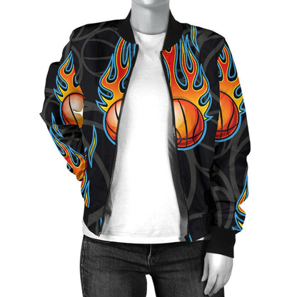 Basketball Fire Print Pattern Women Casual Bomber Jacket