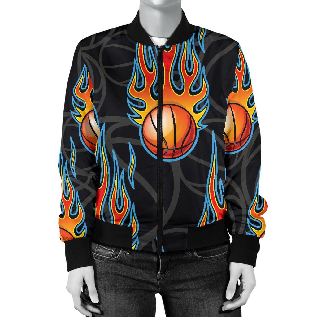 Basketball Fire Print Pattern Women Casual Bomber Jacket
