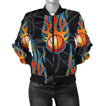 Basketball Fire Print Pattern Women Casual Bomber Jacket