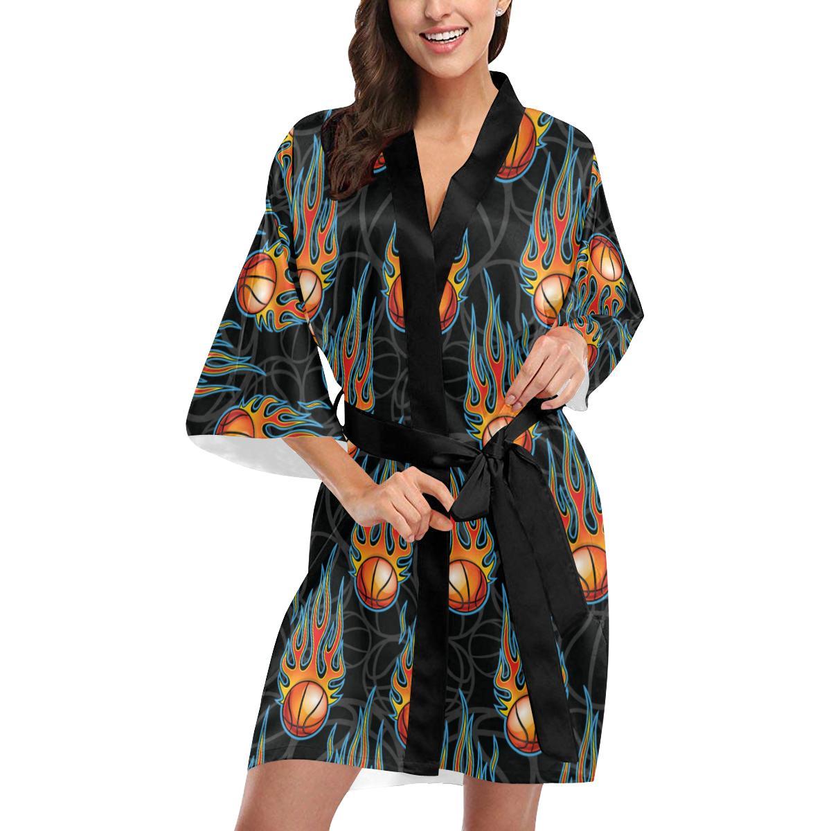 Basketball Fire Print Pattern Women Short Kimono Robe