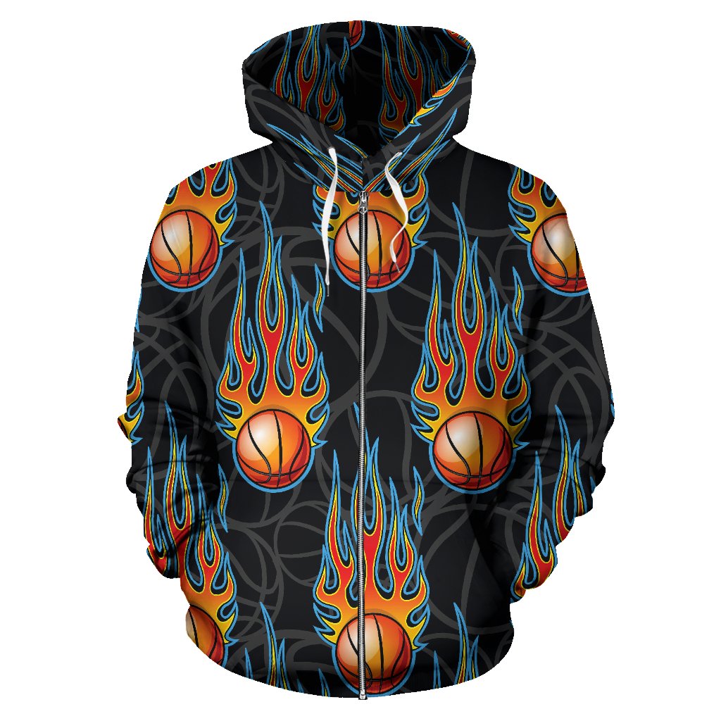 Basketball Fire Print Pattern Zip Up Hoodie