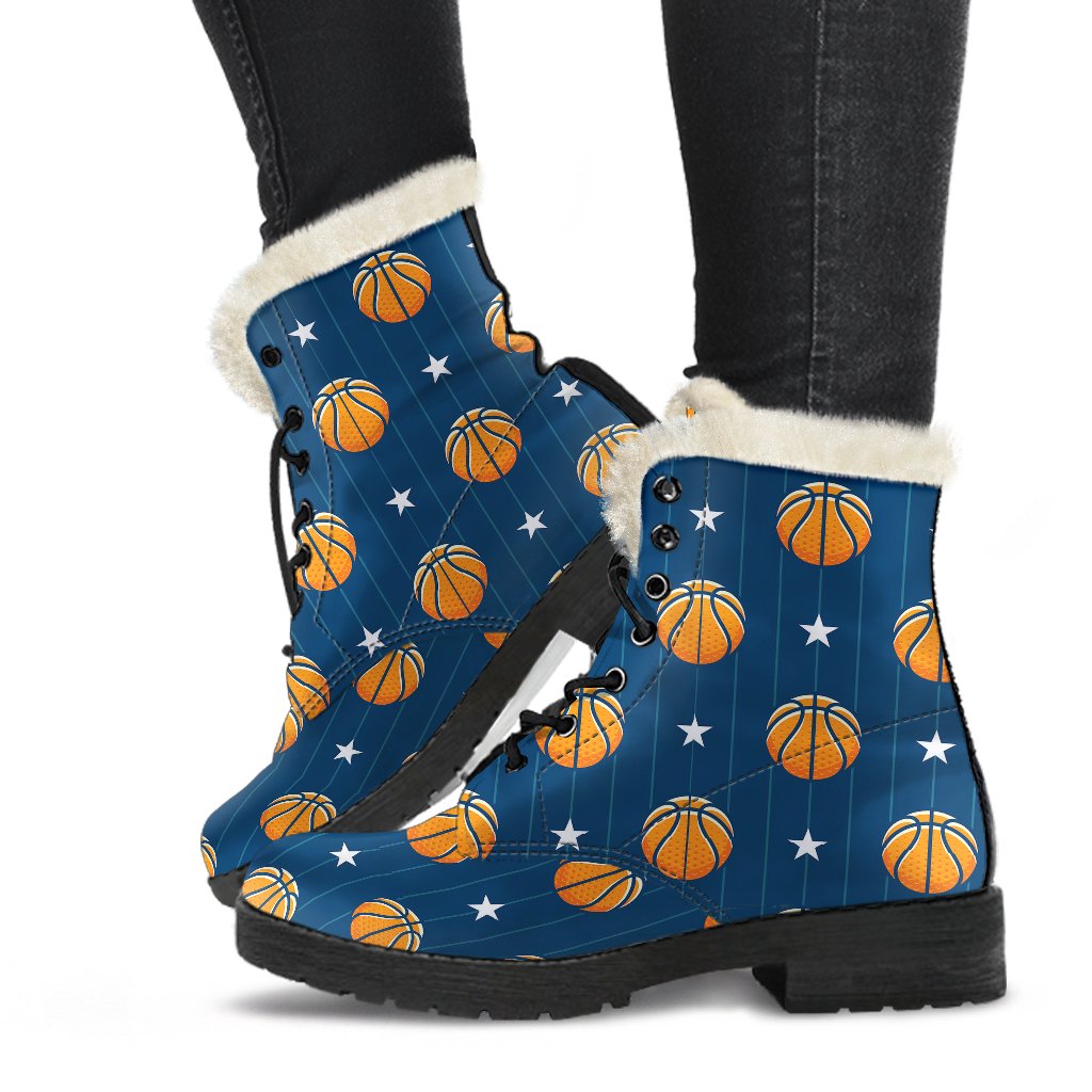 Basketball Star Print Pattern Faux Fur Leather Boots-JTAMIGO.COM