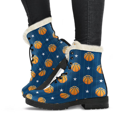 Basketball Star Print Pattern Faux Fur Leather Boots-JTAMIGO.COM