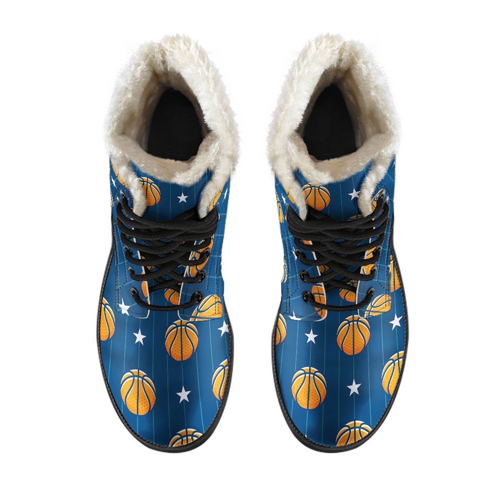 Basketball Star Print Pattern Faux Fur Leather Boots-JTAMIGO.COM