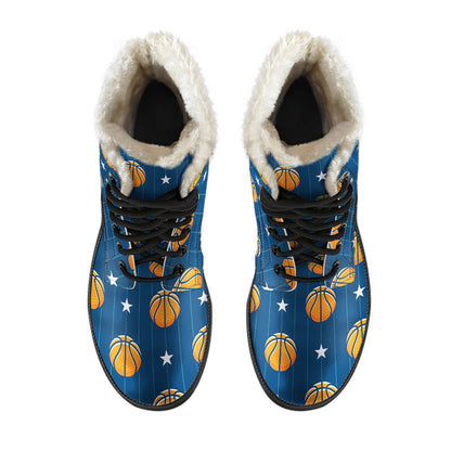 Basketball Star Print Pattern Faux Fur Leather Boots-JTAMIGO.COM