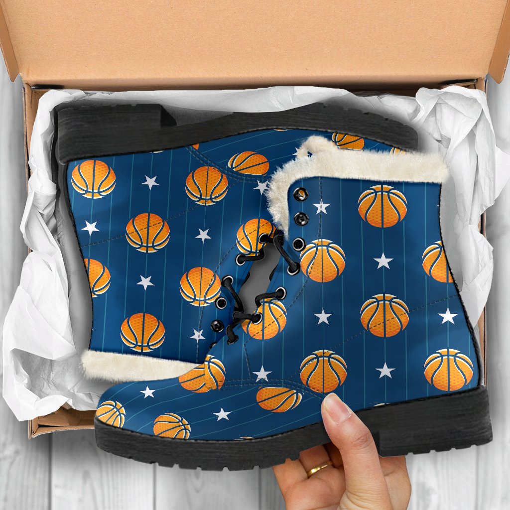Basketball Star Print Pattern Faux Fur Leather Boots-JTAMIGO.COM
