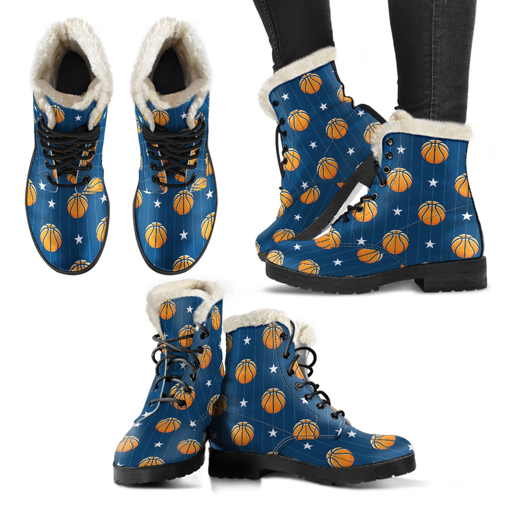 Basketball Star Print Pattern Faux Fur Leather Boots-JTAMIGO.COM