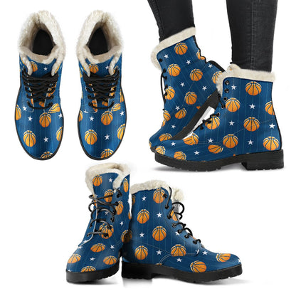 Basketball Star Print Pattern Faux Fur Leather Boots-JTAMIGO.COM
