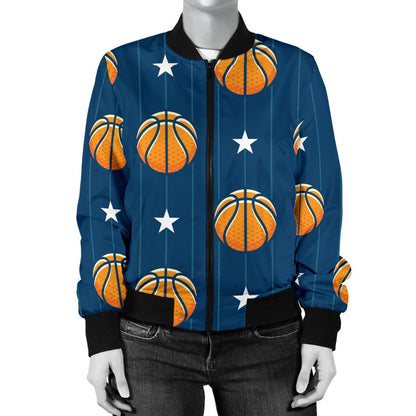 Basketball Star Print Pattern Women Casual Bomber Jacket