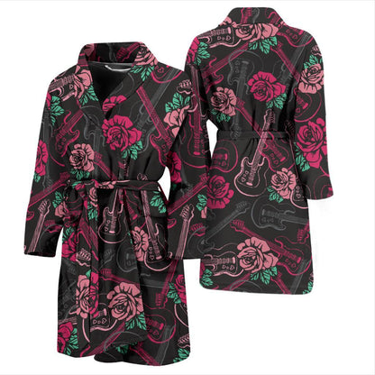 Bass Guitar Pink Rose Pattern Print Design 01 Men Bathrobe-JORJUNE.COM
