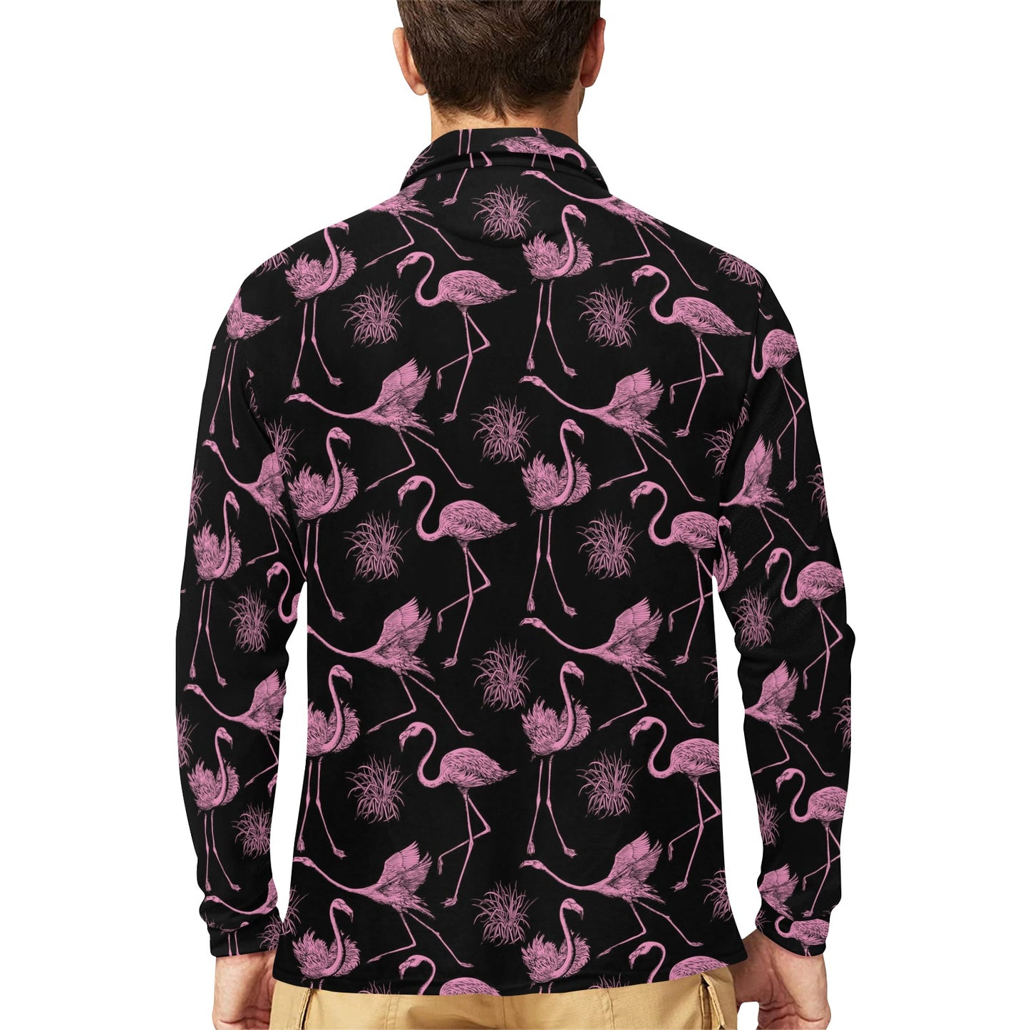 Flamingo Pink Print Pattern Long Sleeve Polo Shirt For Men's