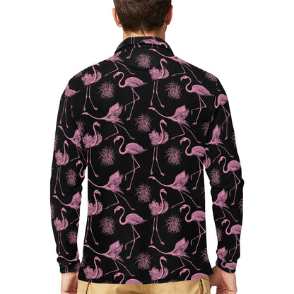 Flamingo Pink Print Pattern Long Sleeve Polo Shirt For Men's