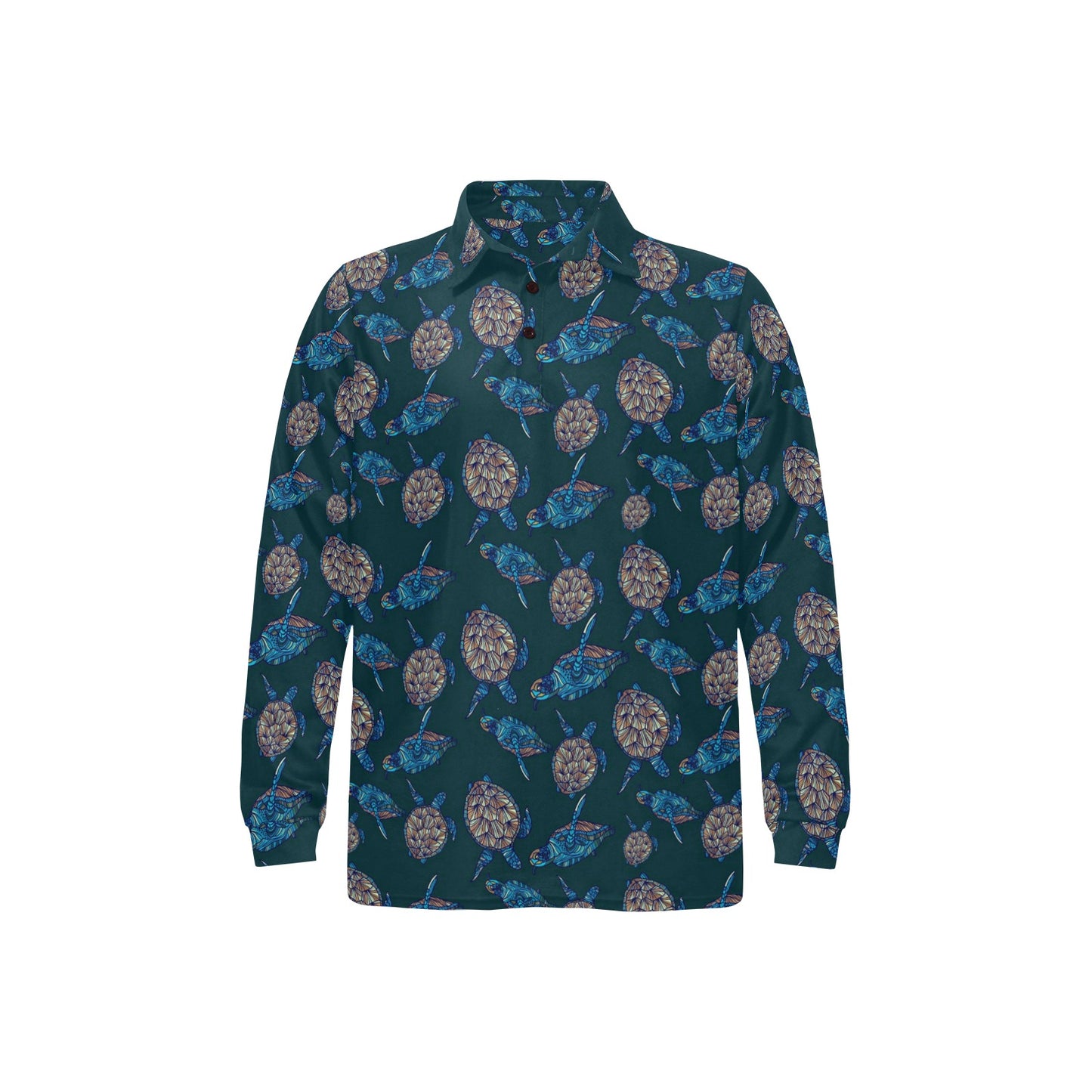 Sea Turtle Hand Drawn Blue Print Long Sleeve Polo Shirt For Men's