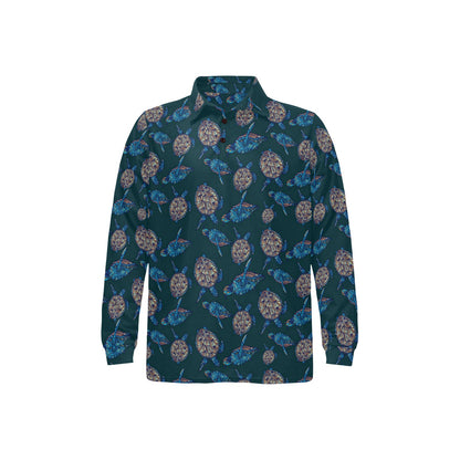 Sea Turtle Hand Drawn Blue Print Long Sleeve Polo Shirt For Men's