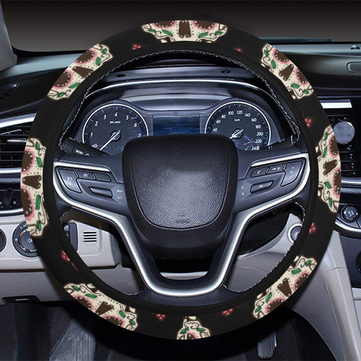 Sugar Skull Print Design LKS304 Steering Wheel Cover with Elastic Edge