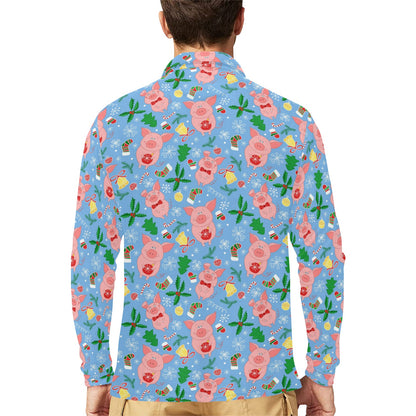 Pig Print Design LKS404 Long Sleeve Polo Shirt For Men's
