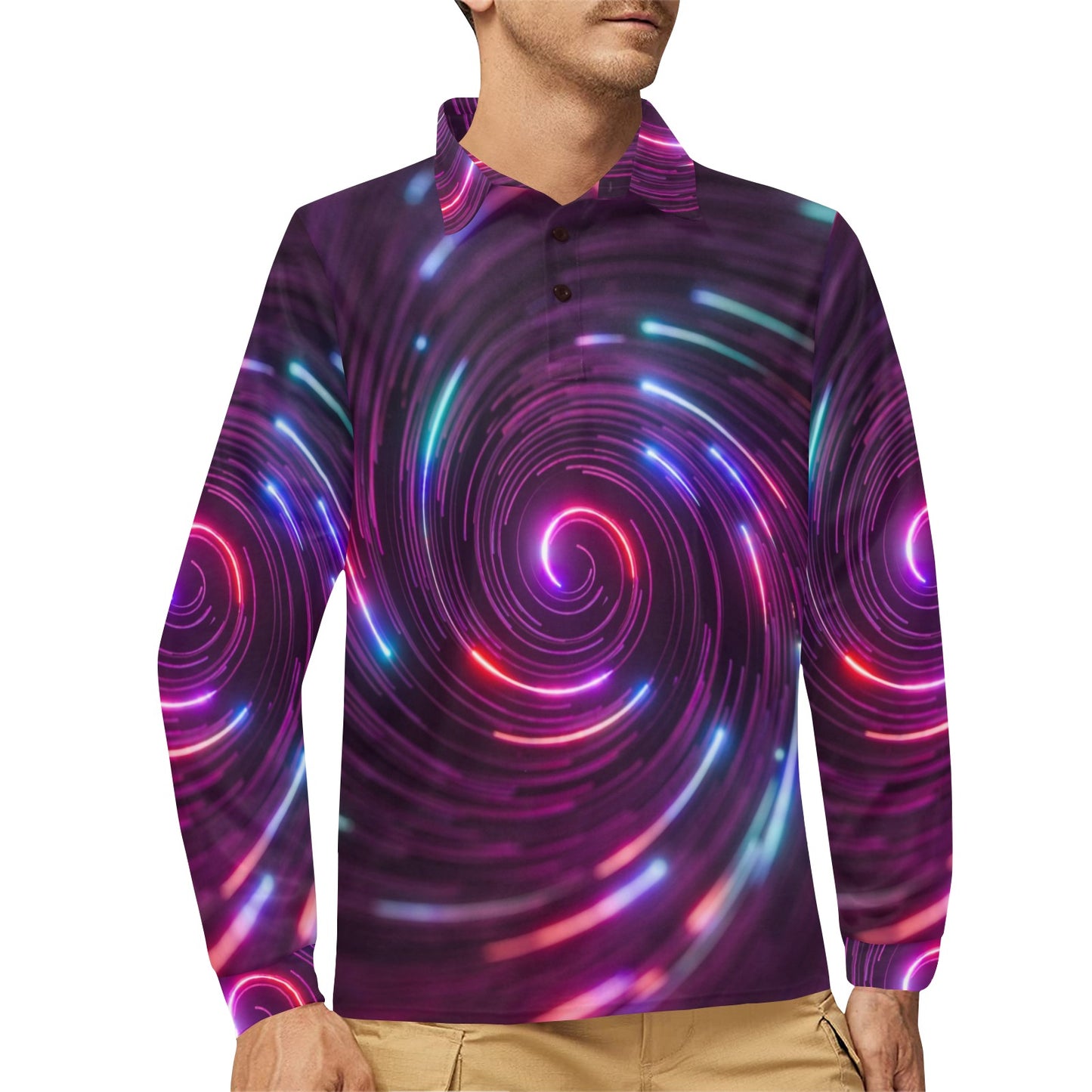 Vortex Twist Swirl Purple Neon Print Long Sleeve Polo Shirt For Men's