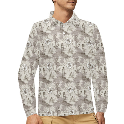 Nautical Map Design Themed Print Long Sleeve Polo Shirt For Men's