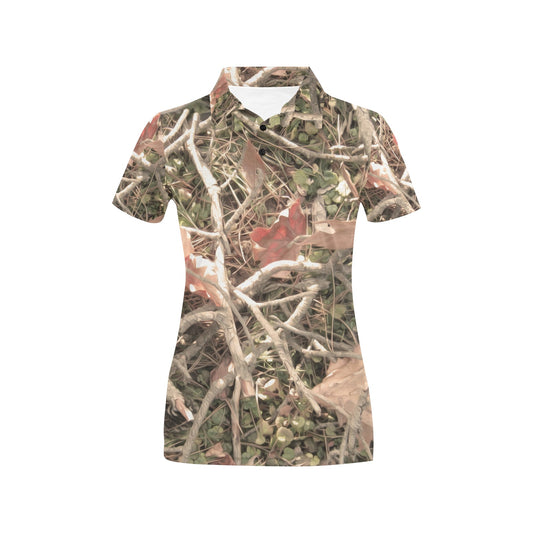 Camouflage Realistic Tree Authumn Print Women's Polo Shirt