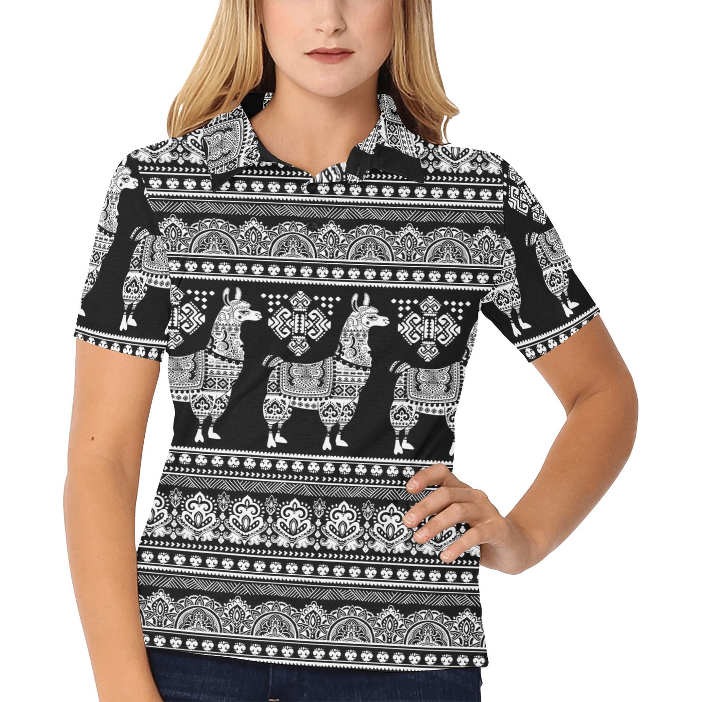 Llama Aztec Style Pattern Print Design 01 Women's Polo Shirt