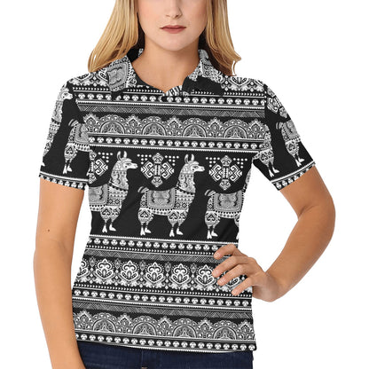Llama Aztec Style Pattern Print Design 01 Women's Polo Shirt