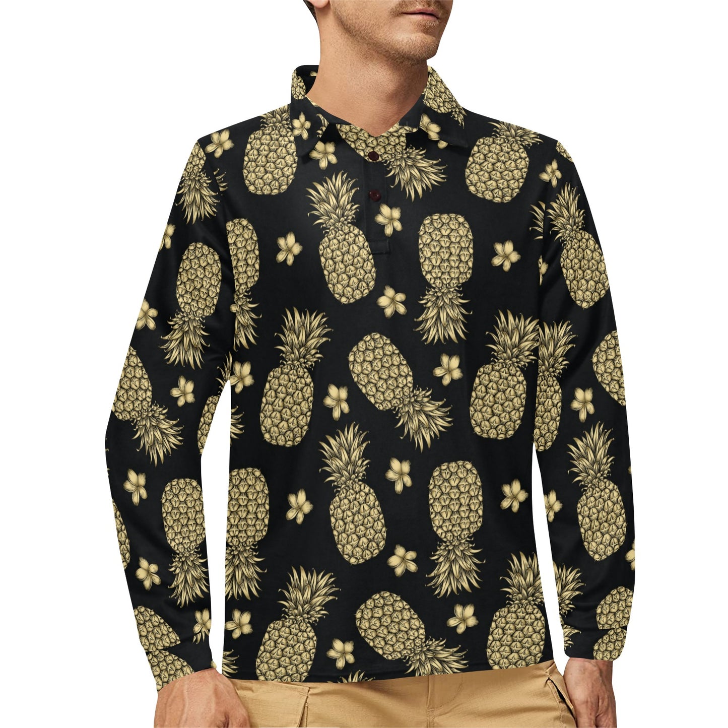 Gold Pineapple Hibiscus Long Sleeve Polo Shirt For Men's