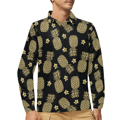 Gold Pineapple Hibiscus Long Sleeve Polo Shirt For Men's
