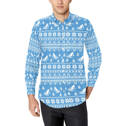 Ski Knit Pattern Print Design LKS302 Men's Long Sleeve Dress Shirt