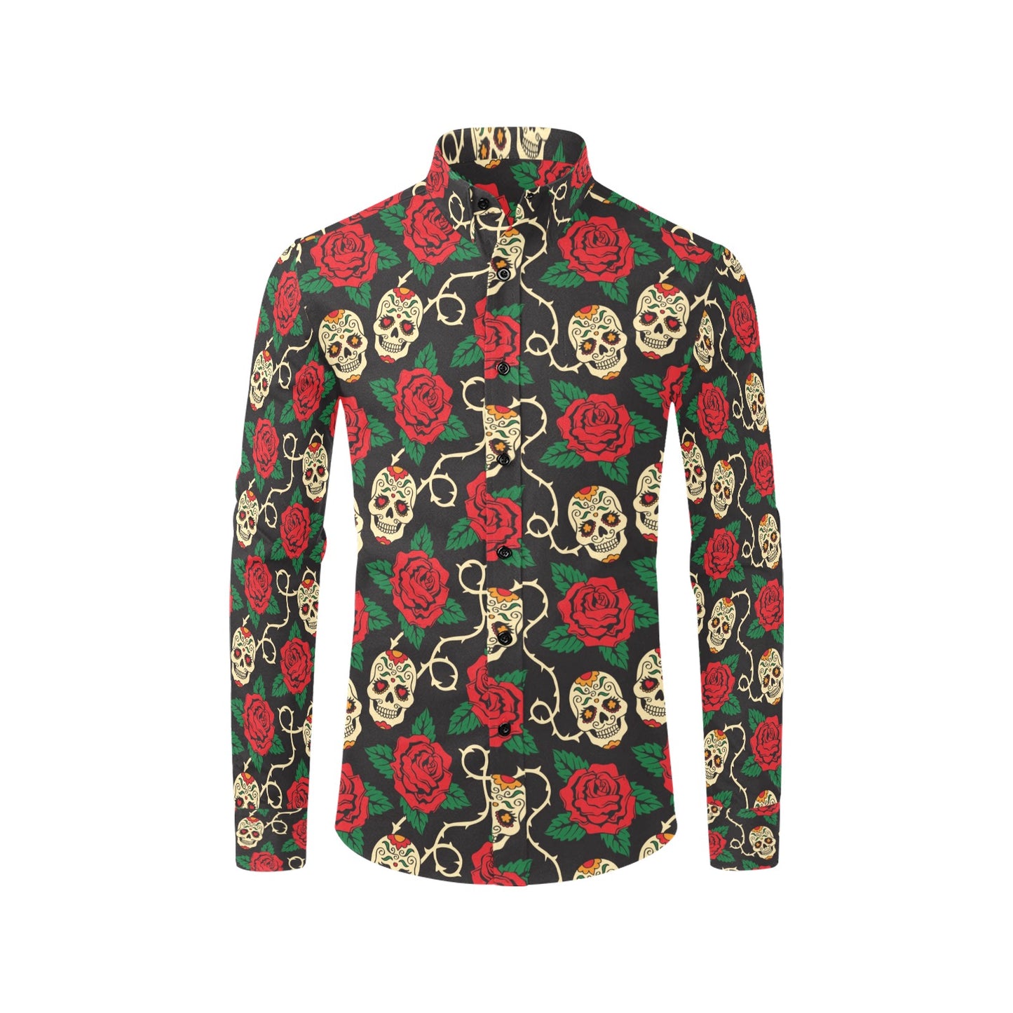 Sugar Skull Red Rose Print Design LKS301 Men's Long Sleeve Dress Shirt