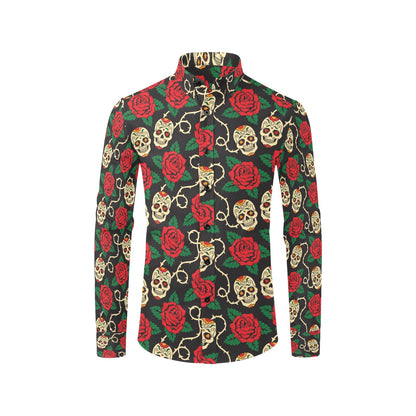 Sugar Skull Red Rose Print Design LKS301 Men's Long Sleeve Dress Shirt