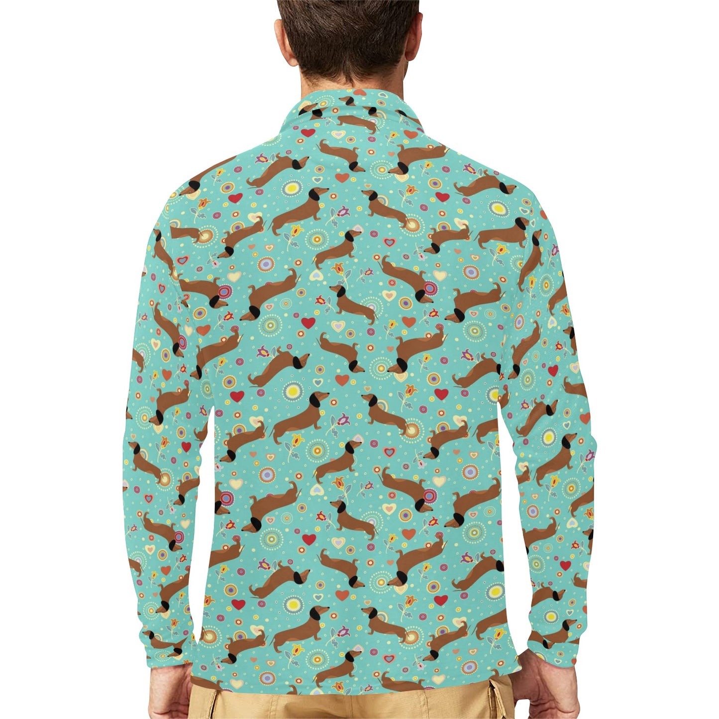 Dachshund with Floral Print Pattern Long Sleeve Polo Shirt For Men's