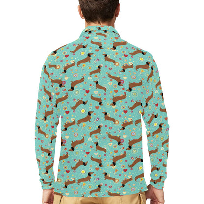 Dachshund with Floral Print Pattern Long Sleeve Polo Shirt For Men's