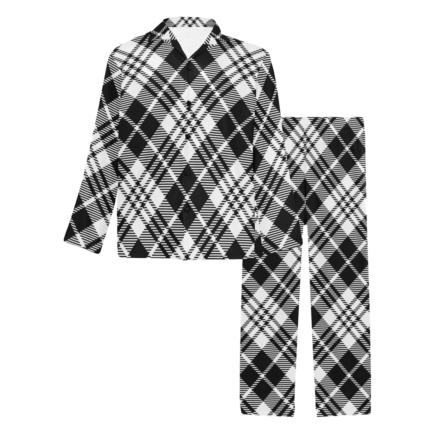 Plaid Black White Pattern Print Design A02 Men's Long Pajama Set