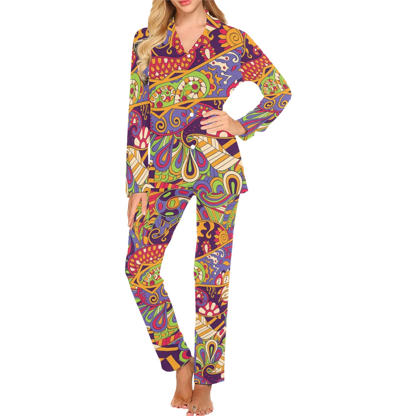Funky Retro Pattern Print Design A04 Women's Long Pajama Set