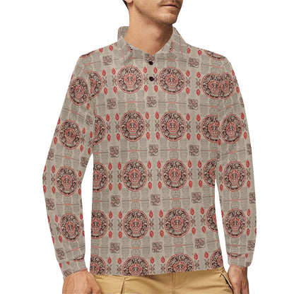 Calendar Aztec Print Pattern Long Sleeve Polo Shirt For Men's