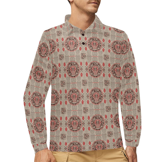 Calendar Aztec Print Pattern Long Sleeve Polo Shirt For Men's