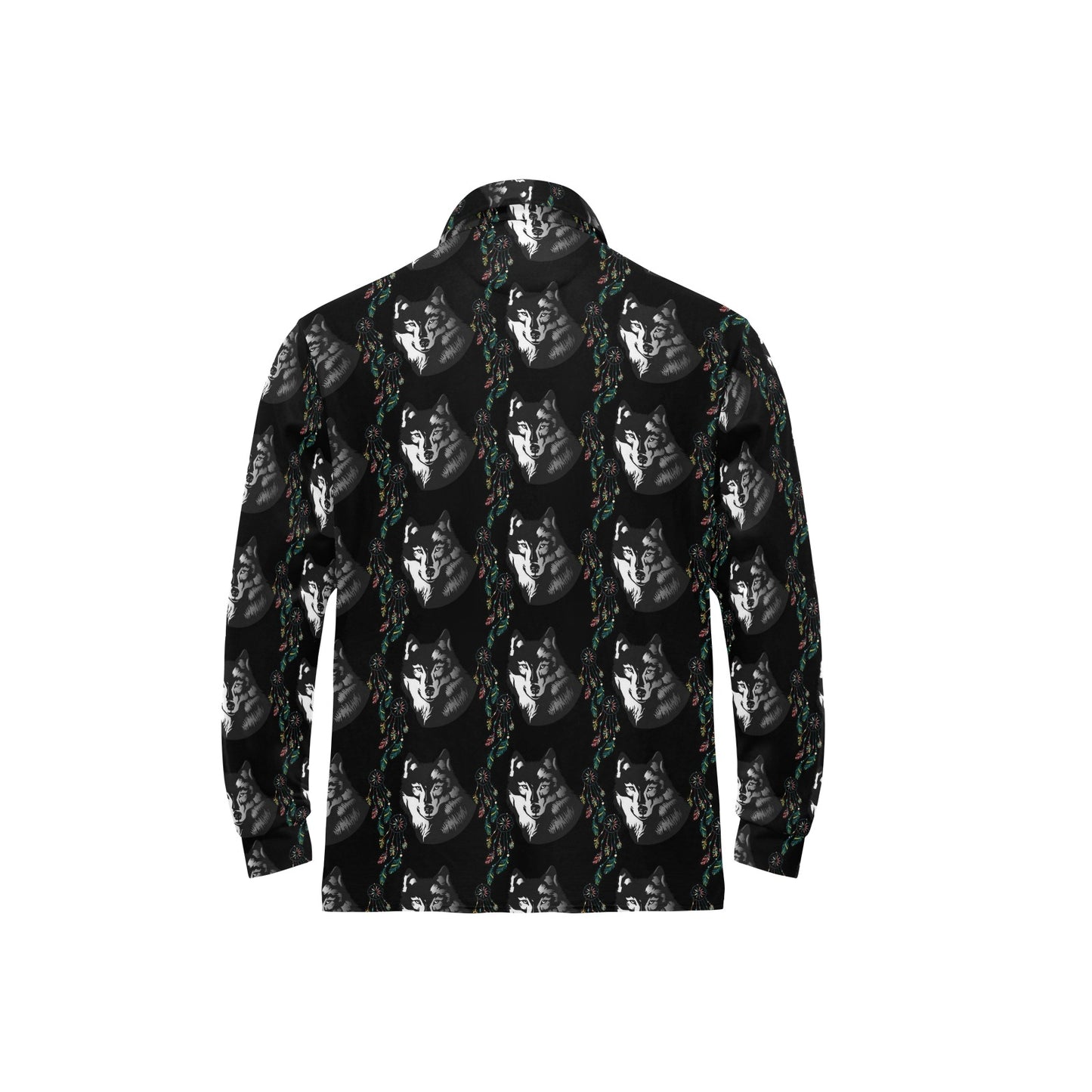 Wolf Black Dream Catcher Design Print Long Sleeve Polo Shirt For Men's