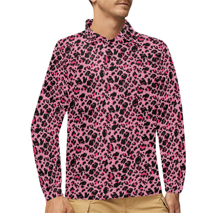 Cheetah Pink Pattern Print Design 01 Long Sleeve Polo Shirt For Men's