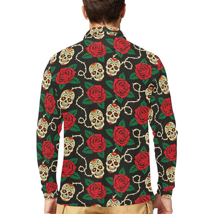 Sugar Skull Red Rose Print Design LKS301 Long Sleeve Polo Shirt For Men's