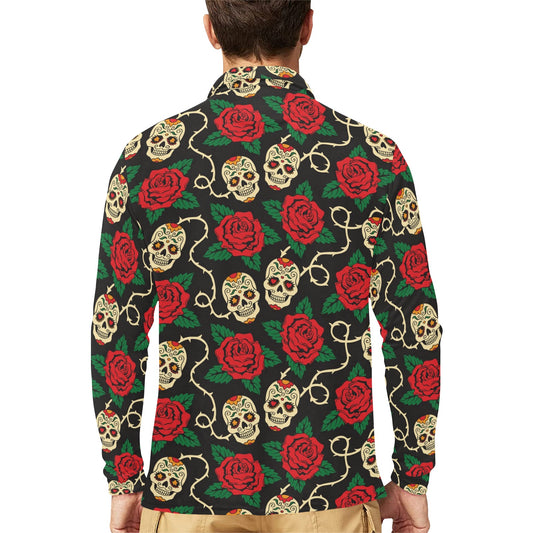 Sugar Skull Red Rose Print Design LKS301 Long Sleeve Polo Shirt For Men's