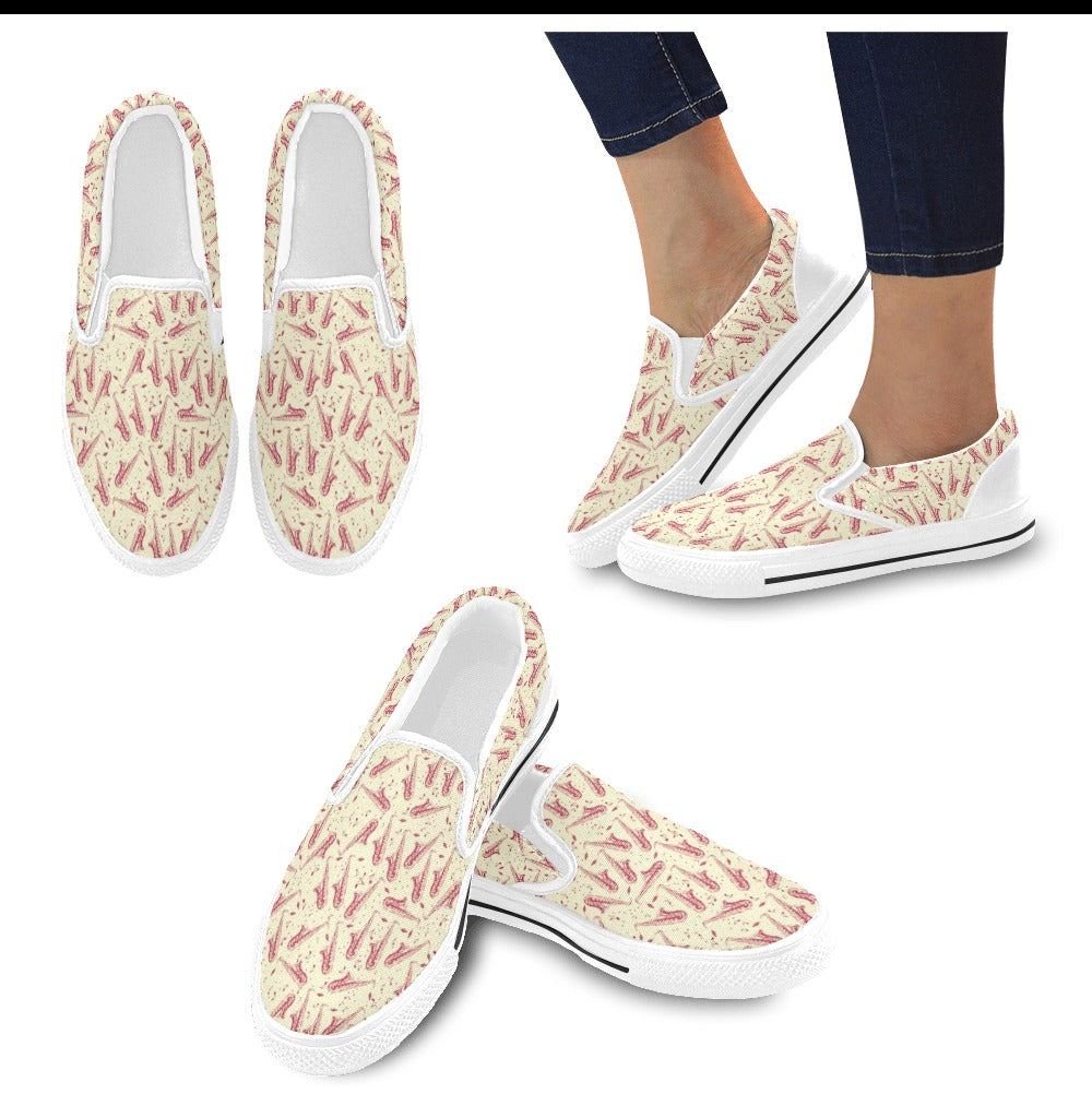 Saxophone Print Design LKS402 White Slip Ons Canvas Women's Shoes