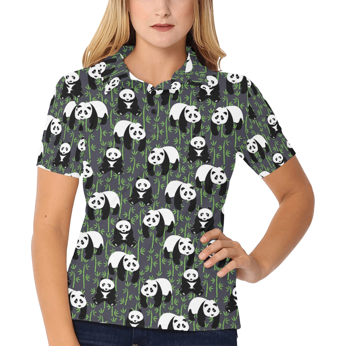 Panda Bear Bamboo Themed Print Women's Polo Shirt