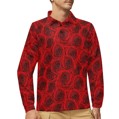 Rose Red Pattern Print Design RO04 Long Sleeve Polo Shirt For Men's