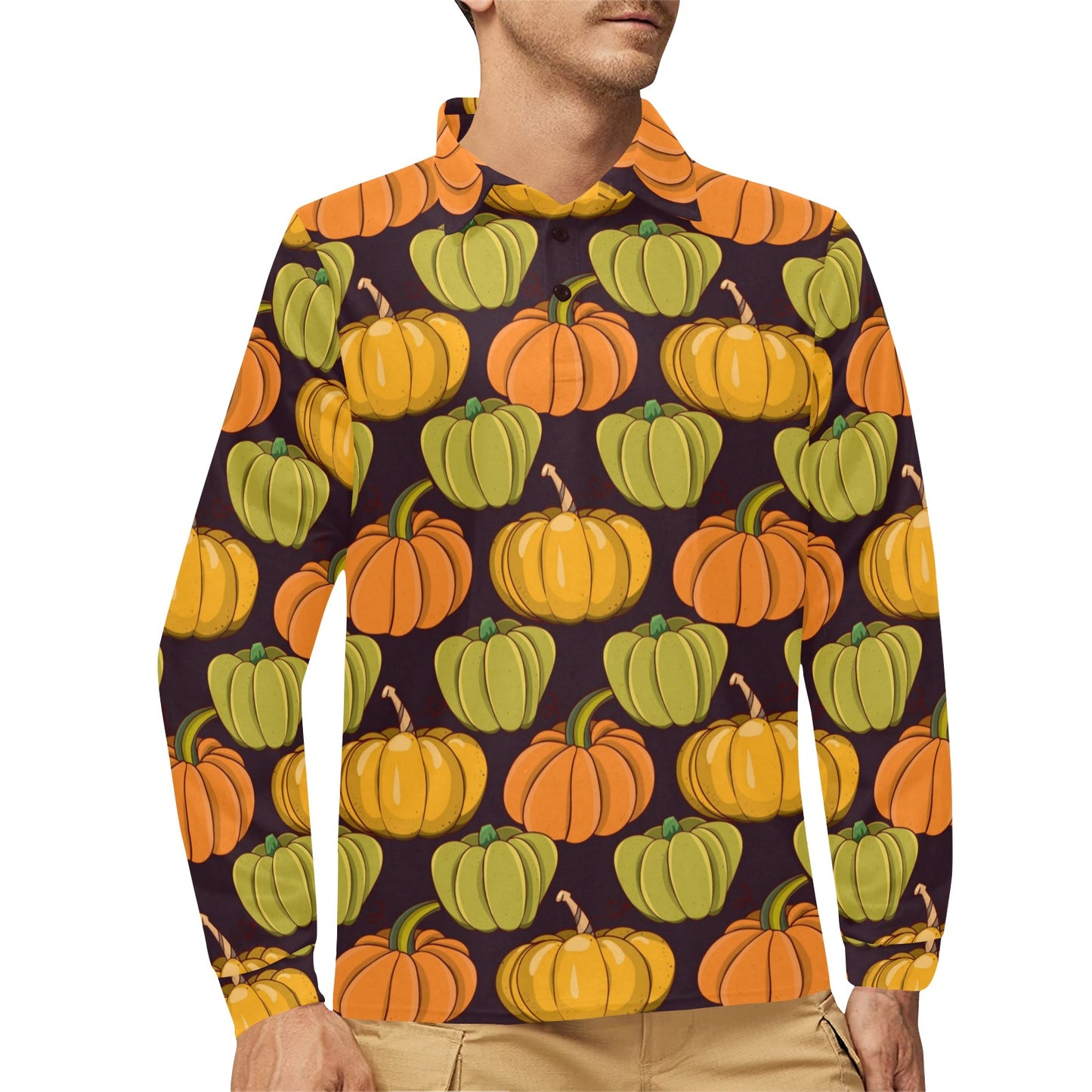 Pumpkin Pattern Print Design A01 Long Sleeve Polo Shirt For Men's